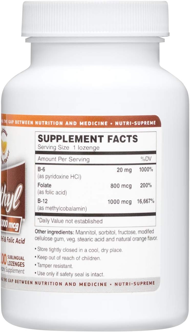 Nutri-Supreme Research Kosher B12 Lozenge (Methylcobalamin) with Vitamin B6, Folic Acid & Biotin, 100 Lozenges