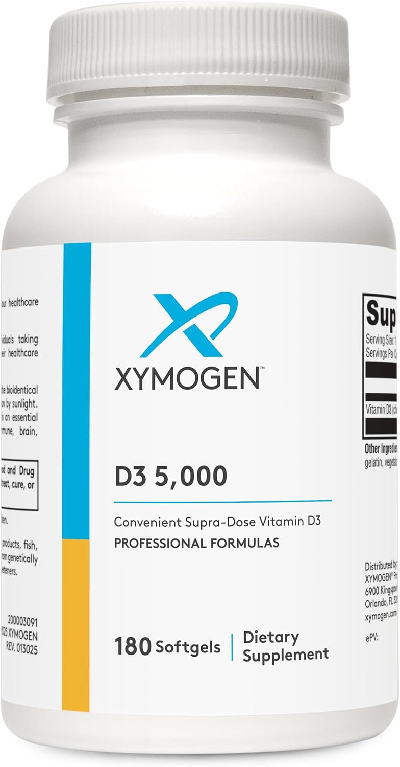 XYMOGEN D3 5000 - Bioavailable Vitamin D3 5000 IU (125 mcg) - High Strength Vitamin D Supplement for Immune, Bone, and Heart Health Support - 180 Softgels