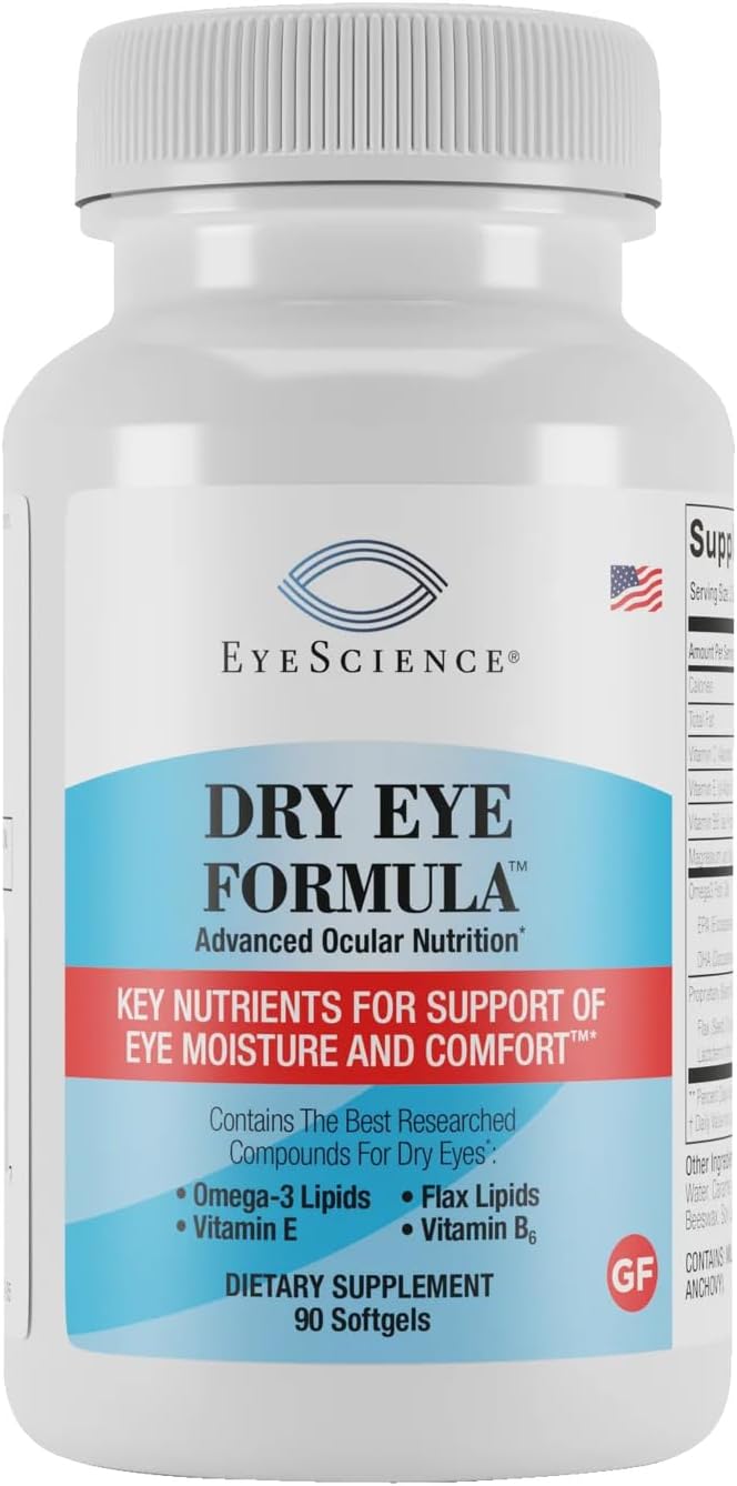 EyeScience Dry Eye Formula – 900 mg Omega-3 Supplement for Dry Eyes with EPA DHA & Antioxidant Vitamins C and E, 90 Softgels