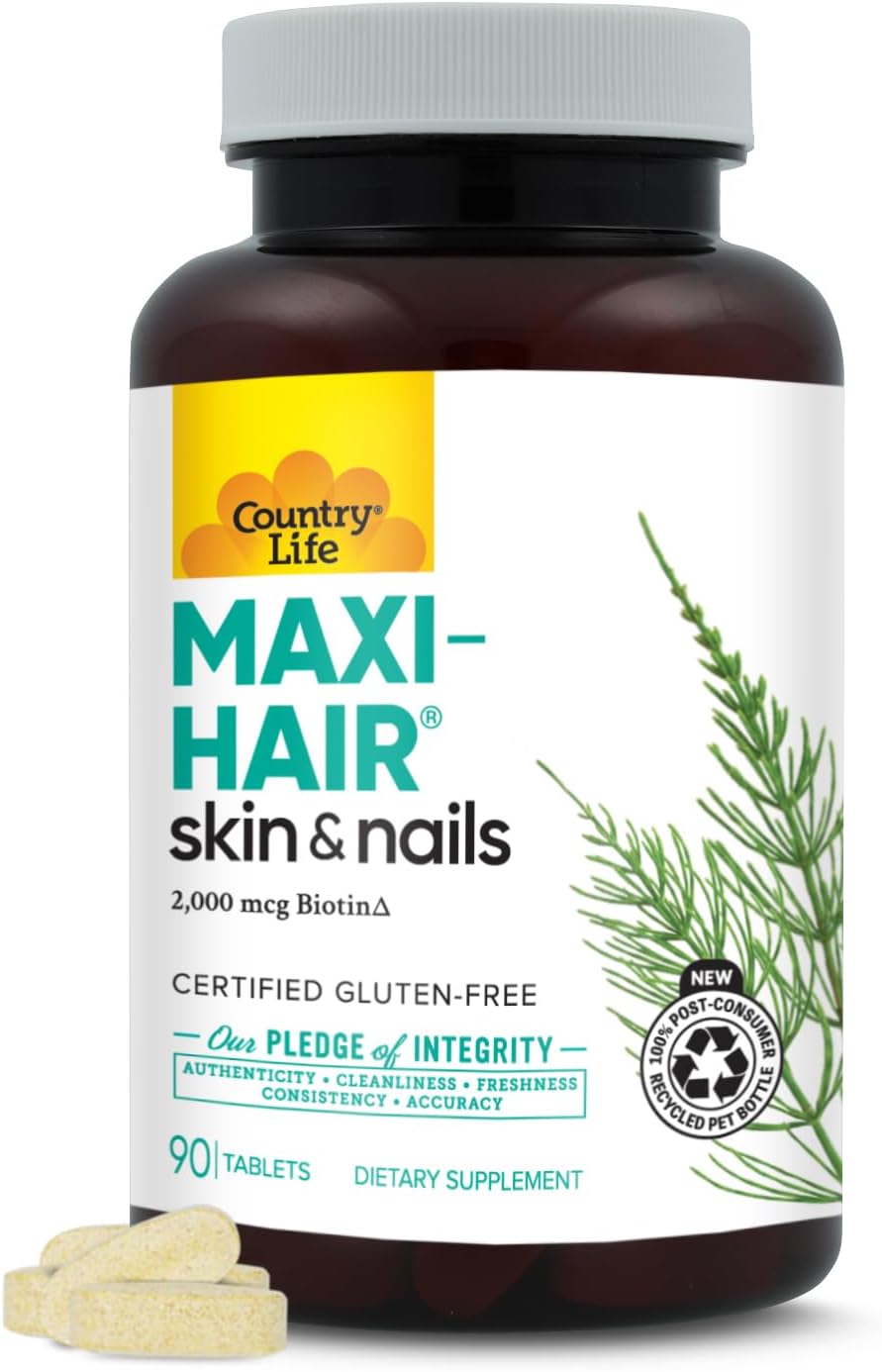 Country Life Maxi-Hair Supplement - 2000mcg Biotin for Hair, Skin and Nails - Certified Gluten-Free & Vegetarian - 60 Tablets