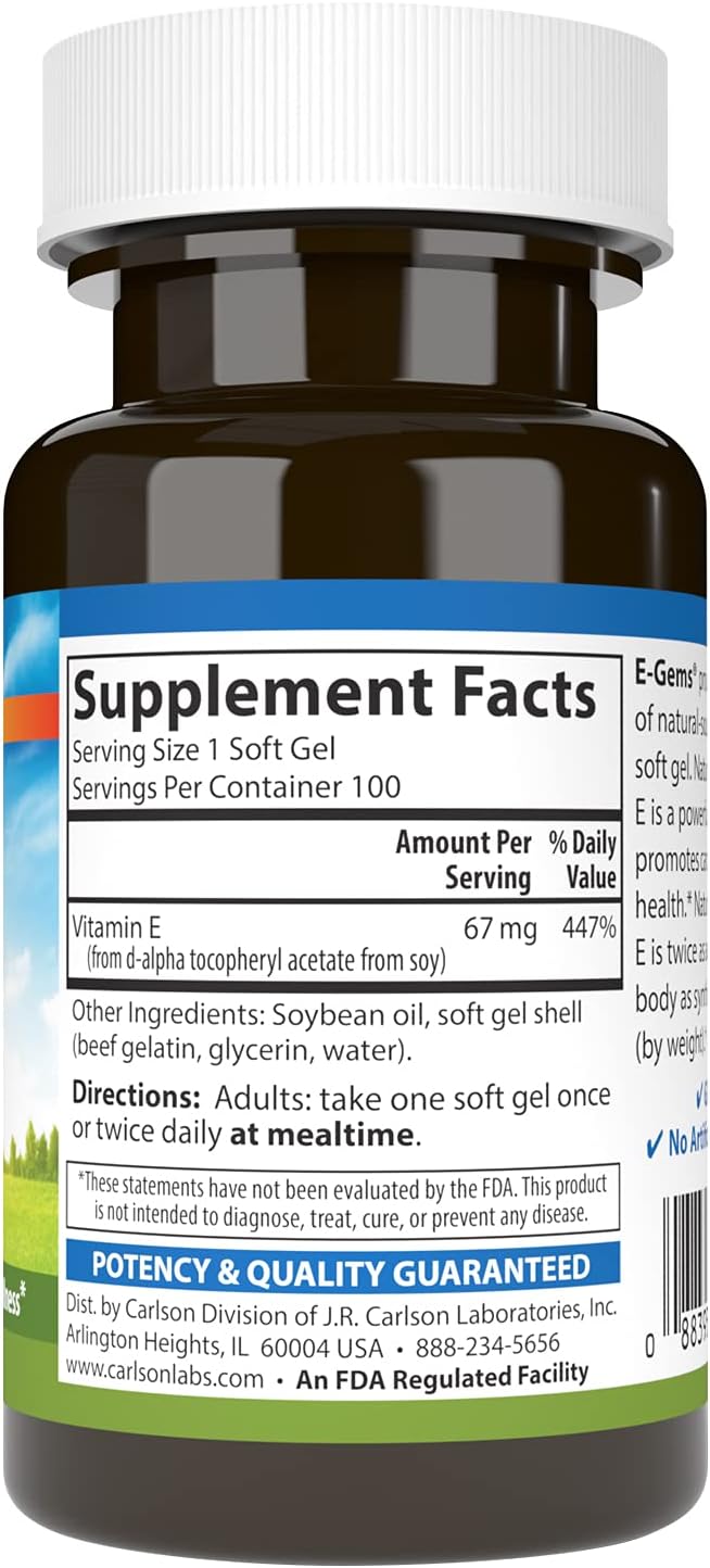 Carlson E-Gems Natural-Source Vitamin E 100 IU (67 mg) – 100 Soft Gels