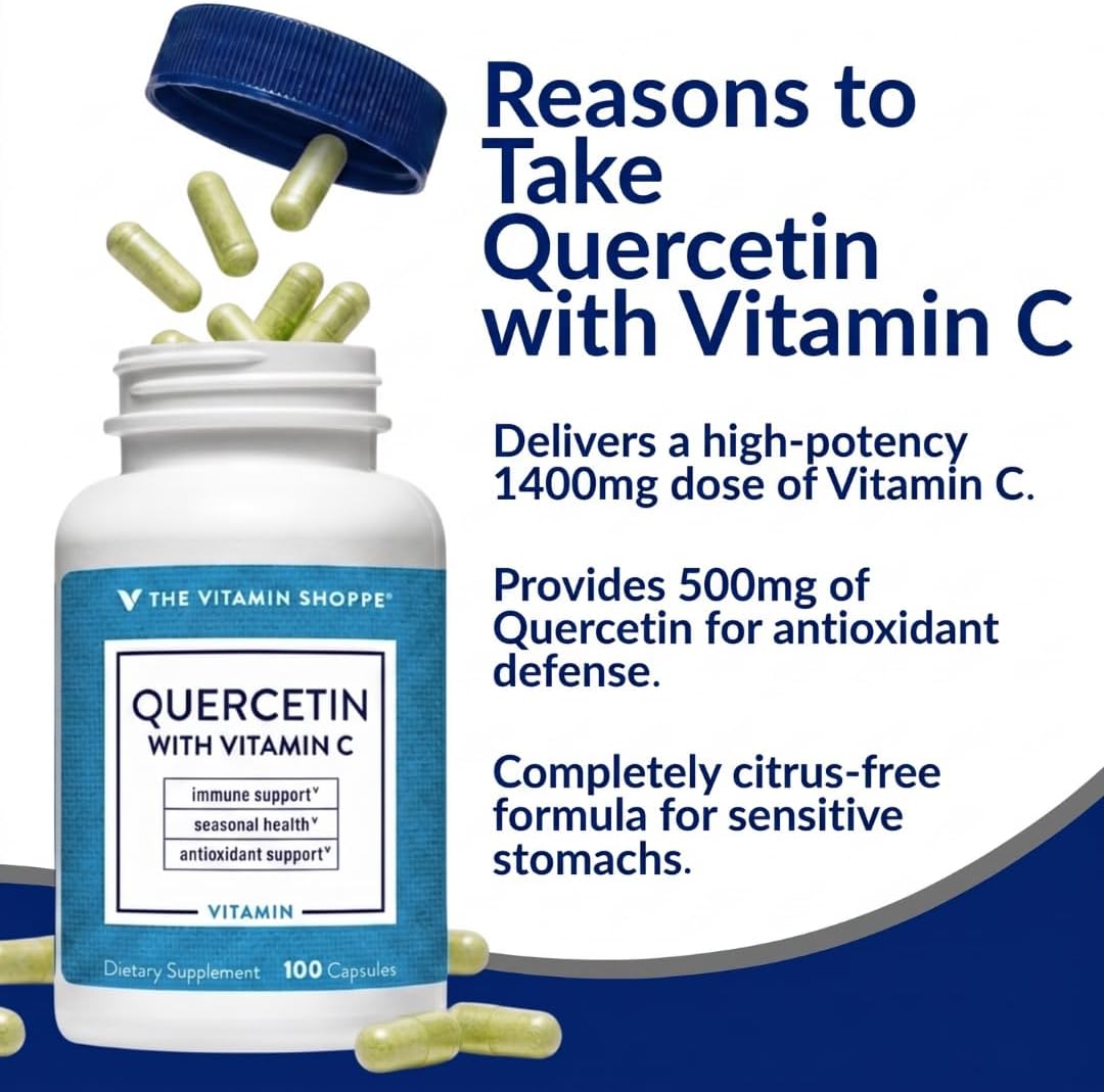 The Vitamin Shoppe Quercetin + C – Citrus-Free – 1400mg Vitamin C & 500mg Quercetin – Immune Support – 100 Capsules