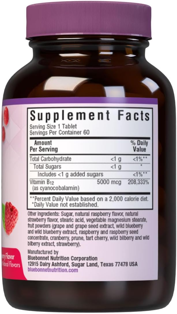 Bluebonnet Nutrition Earth Sweet Vitamin B12 5000 mcg Chewable Tablets – Vegan, Gluten-Free, Raspberry Flavour