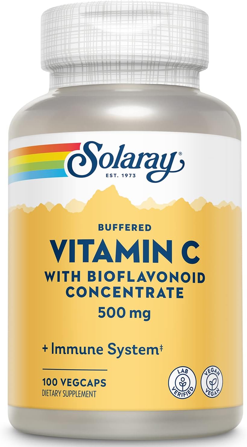 SOLARAY Buffered Vitamin C 500 mg with Bioflavonoids, Rose Hips & Acerola Cherry - Immune Support Supplement - Easy to Digest, Vegan, Lab Verified - 100 VegCaps