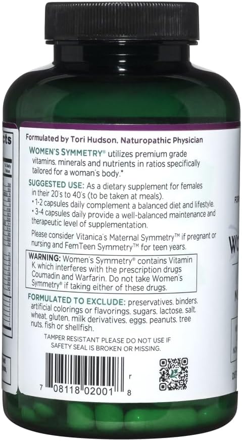 Vitanica Women's Symmetry, High Potency Daily Multivitamin, Vegan & Iron-Free, 180 Capsules