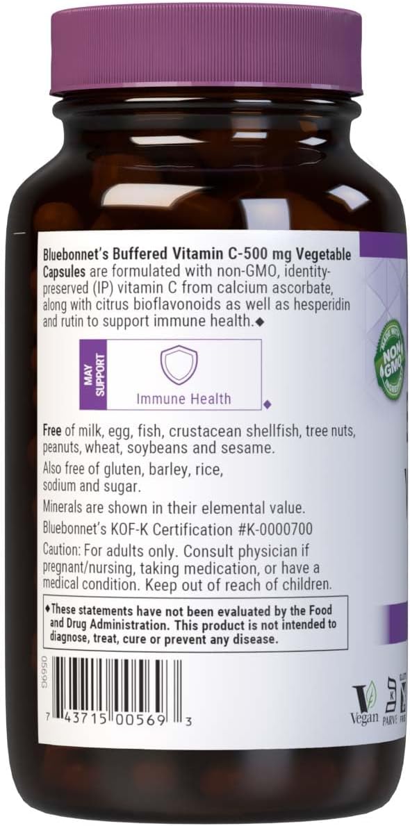 BlueBonnet Nutrition Buffered Vitamin C-500 mg Vegetable Capsules (Calcium Ascorbate) with Citrus Bioflavonoids & Rutin, 180 Count - görsel 3