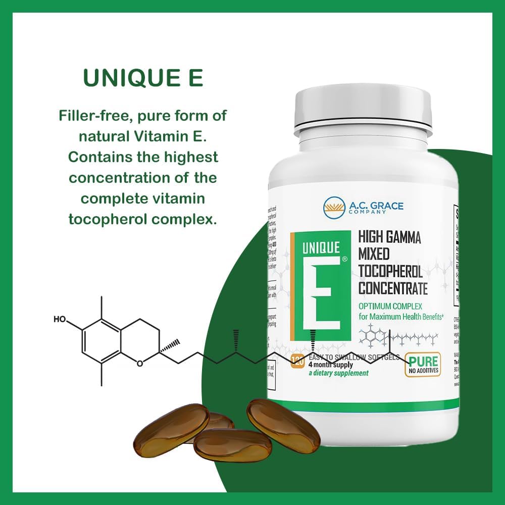 UNIQUE E Mixed Tocopherols – 120 Soft Gels, Natural Vitamin E for Brain Health & Aging Support