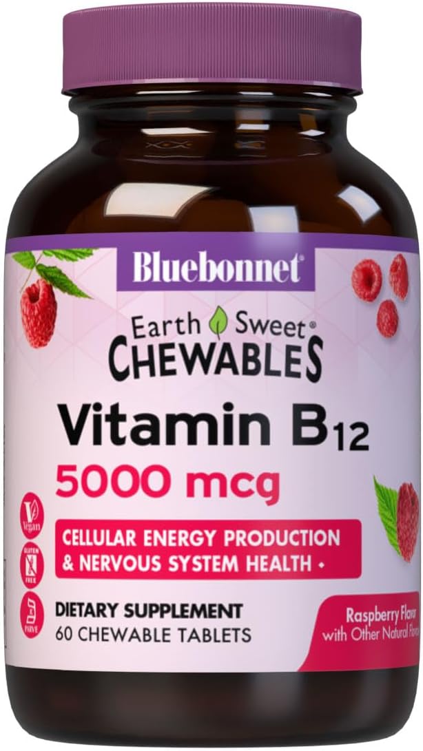 Bluebonnet Nutrition Earth Sweet Vitamin B12 5000 mcg Chewable Tablets – Vegan, Gluten-Free, Raspberry Flavour