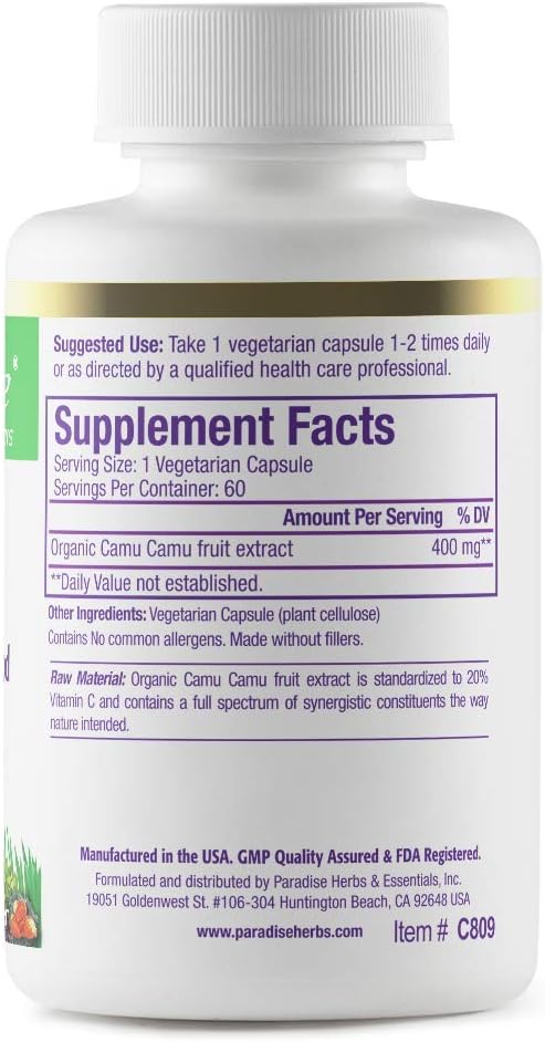 Paradise Herbs Organic Camu Camu Extract, 400 mg, 60 Capsules