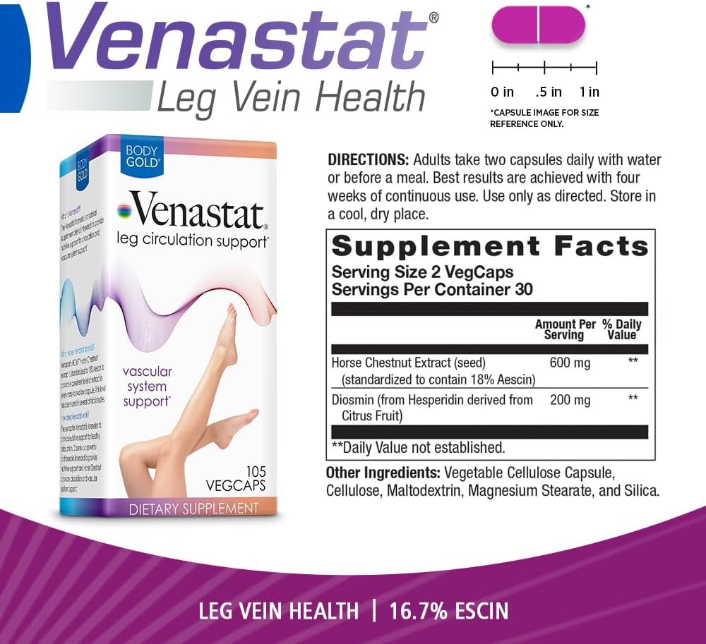 Body Gold Venastat - Leg Vein Support with Horse Chestnut & Diosmin, 105 Capsules