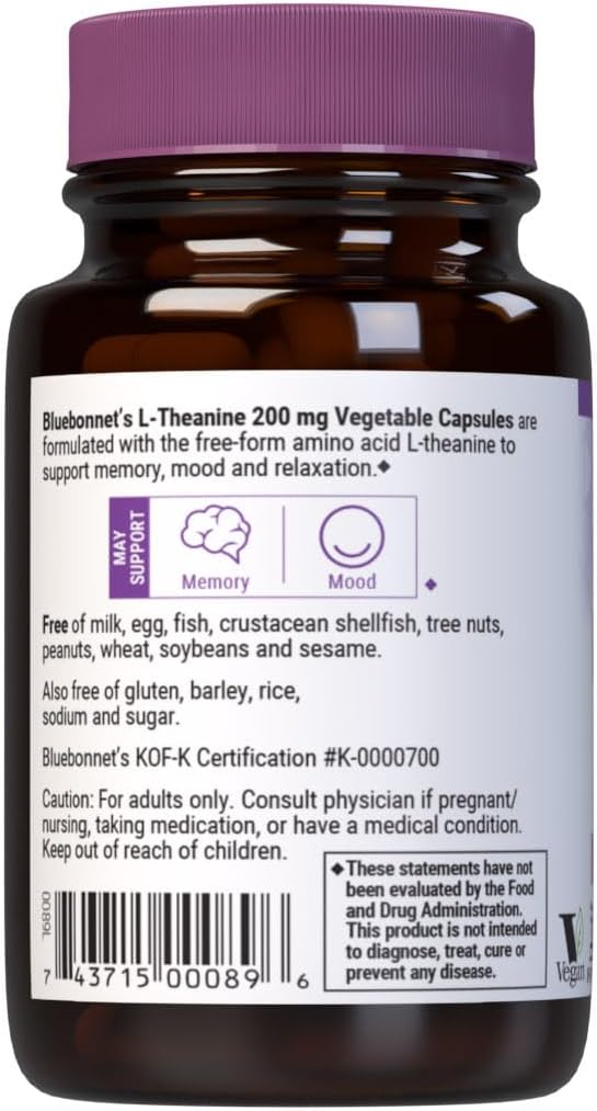 BlueBonnet L-Theanine 200mg Daily Nootropic Promotes Relaxation for Women and Men* - Free Form Amino Acid L Theanine Supplement - Non-GMO, Vegan, Gluten-Free - 30 Vegetable Capsules - görsel 3