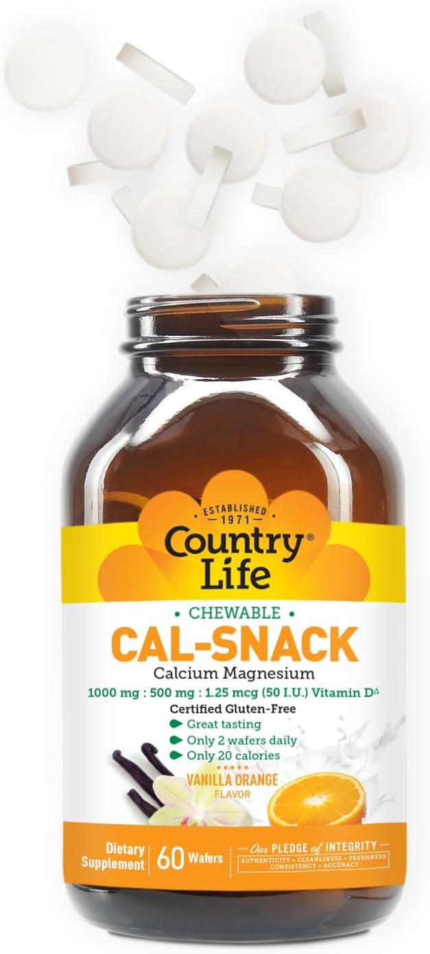 Country Life Cal-Snack Chewable Calcium, Magnesium & Vitamin D – 1000 mg / 500 mg / 50 IU – 60 Wafers