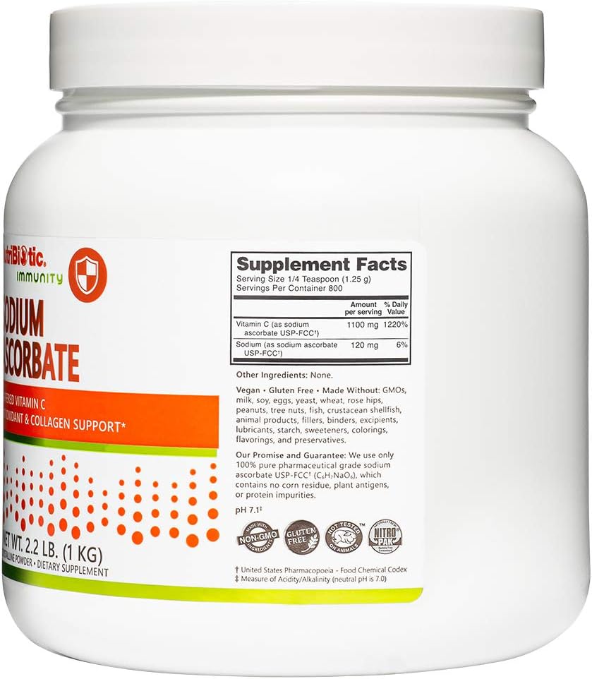 NutriBiotic Sodium Ascorbate Buffered Vitamin C Powder, 1 kg – Vegan, Non-Acidic, Easier on Digestion