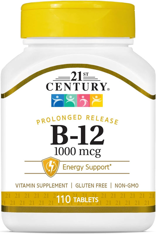 21st Century B12 1000 mcg Prolonged Release Tablets, Cyanocobalamin for Energy and Nerve Support, Gluten Free, 110 Count for Adults