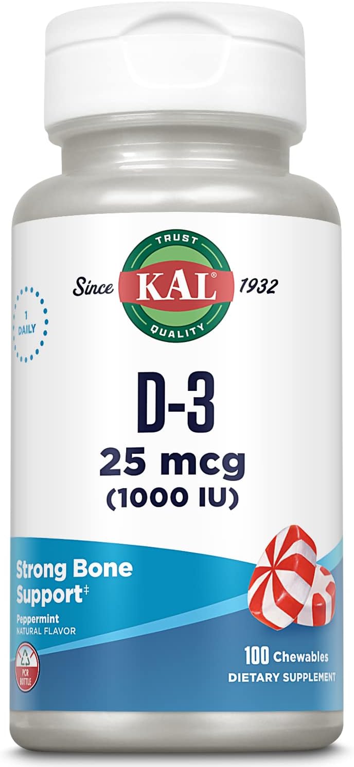 KAL Vitamin D3 1000 IU Chewable Tablets - Natural Peppermint Flavour, 100 Count