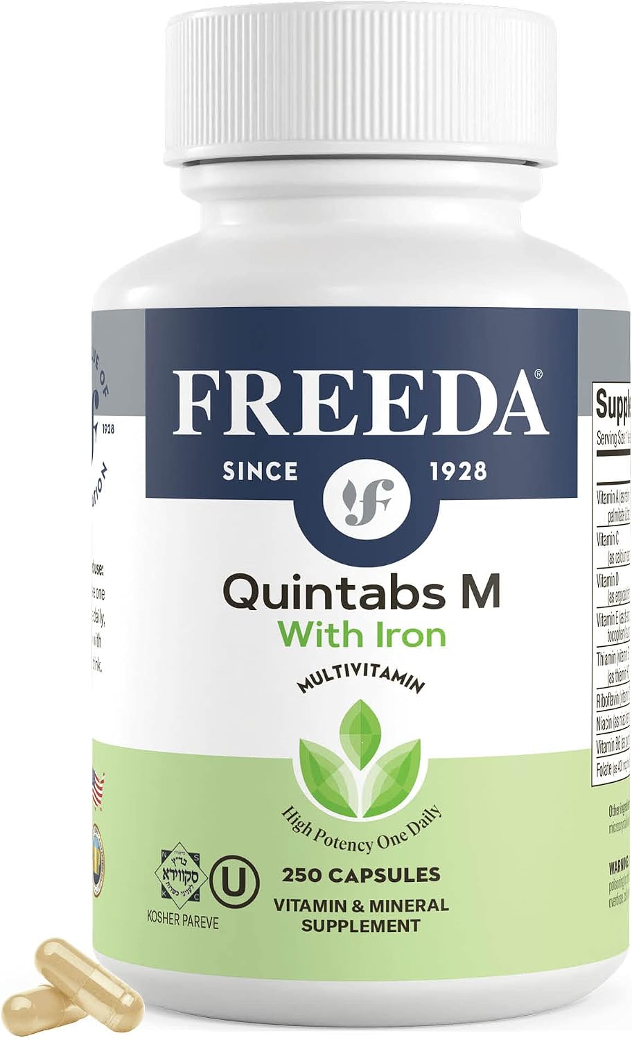 FREEDA Multivitamin – Quintabs-M with Iron – Kosher Multivitamins for Women & Iron-Deficient Men – 250 Capsules