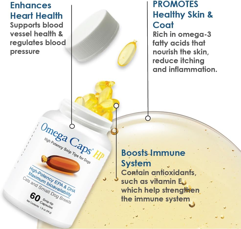 Omega-Caps HP Snip Tips for Cats and Small Dogs - Omega-3 Fish Oil Supplement with EPA, DHA, Vitamins, Minerals, and Antioxidants - Helps Support Immune, Joint, Heart, and Brain Health - 60 Softgels