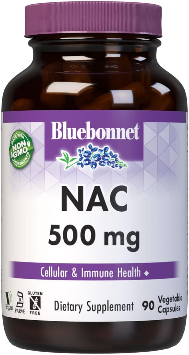 Bluebonnet NAC Supplement N-Acetyl-L-Cysteine 500 mg - Antioxidant Cellular Health and Immune Support - Free-Form Amino Acid - Non-GMO, Kosher, Gluten-Free - 90 Vegetable Capsules - görsel 1