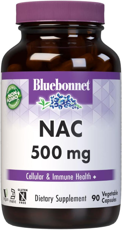 Bluebonnet NAC Supplement N-Acetyl-L-Cysteine 500 mg - Antioxidant Cellular Health and Immune Support - Free-Form Amino Acid - Non-GMO, Kosher, Gluten-Free - 90 Vegetable Capsules