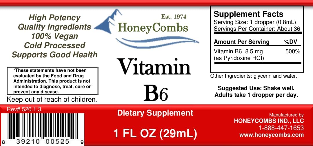 Vitamin B6 Liquid Drops, Pyridoxine HCl Supplement, 30 mL | High Potency Energy Metabolism Support