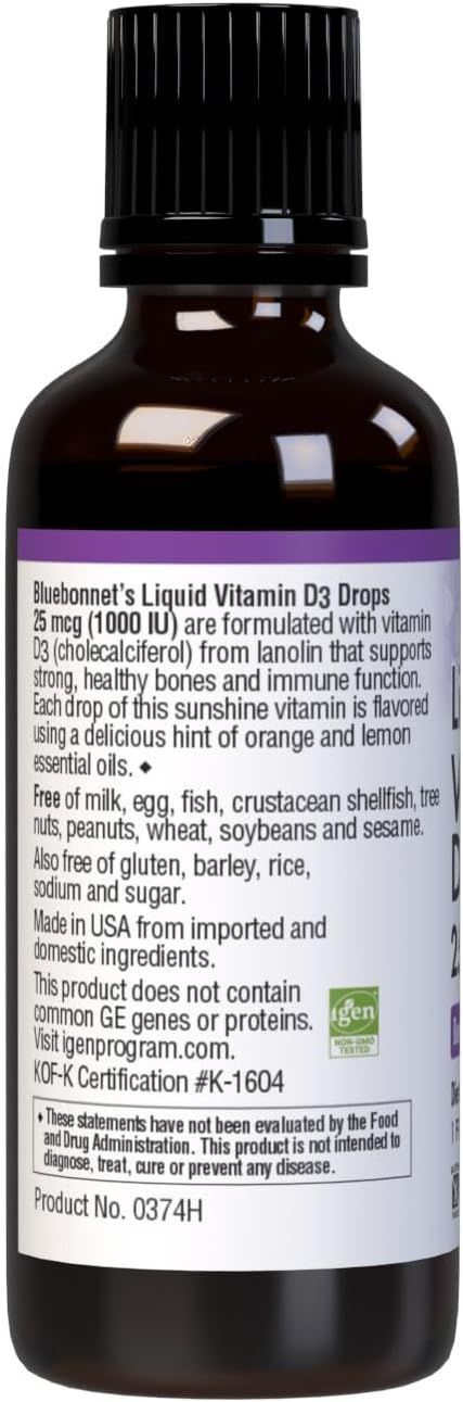 BlueBonnet Vitamin D3 1000 IU (25 mcg) Liquid Drops – Strong Bones & Immune Support – Non-GMO, Vegetarian, Citrus Flavour – 30 mL