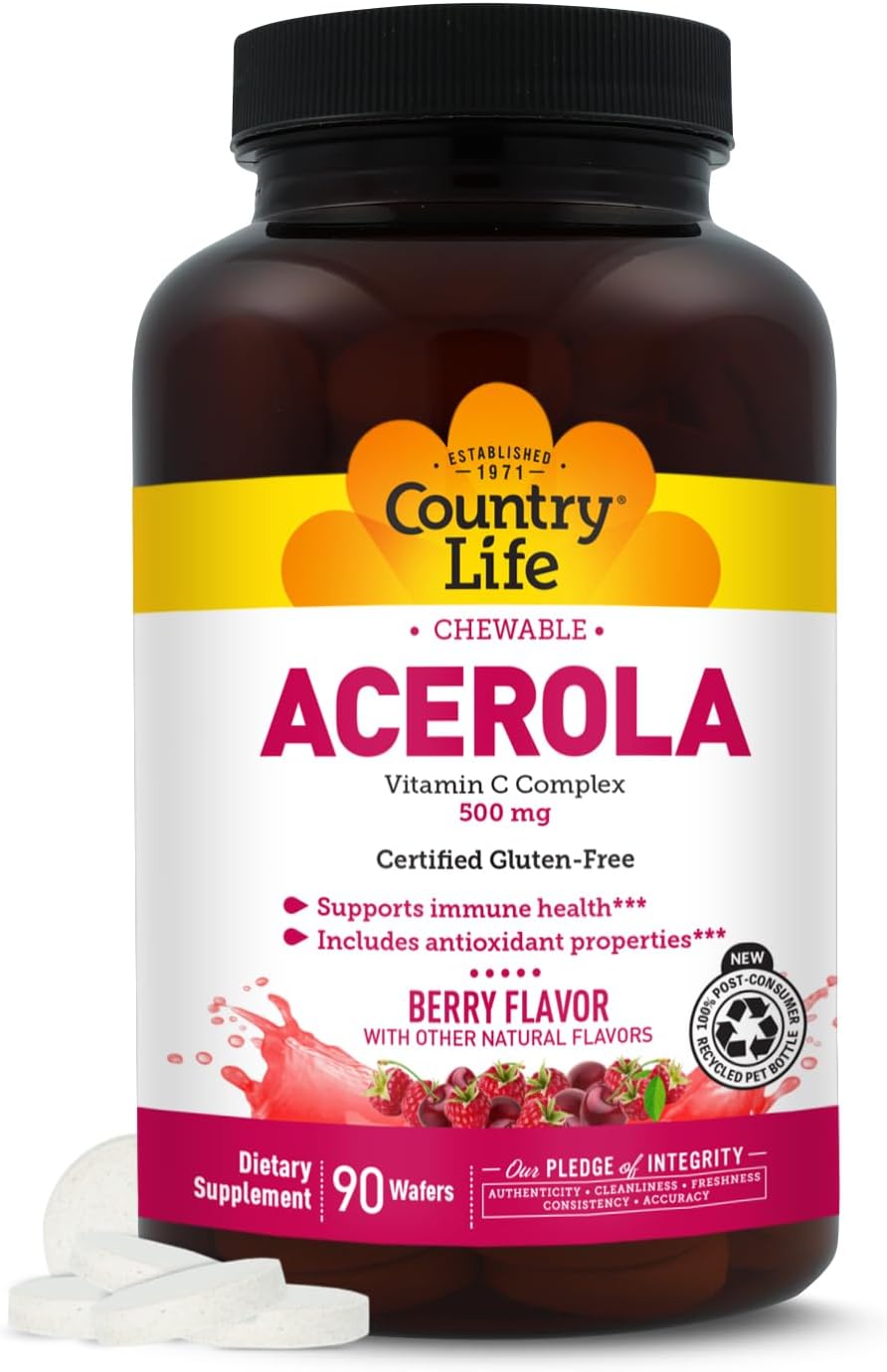 Country Life Acerola Vitamin C Complex 500 mg, Berry Chewable Wafers with Citrus Bioflavonoids & Rose Hips, Immune Health and Antioxidant Support, Gluten-Free, Vegan, 90 Wafers