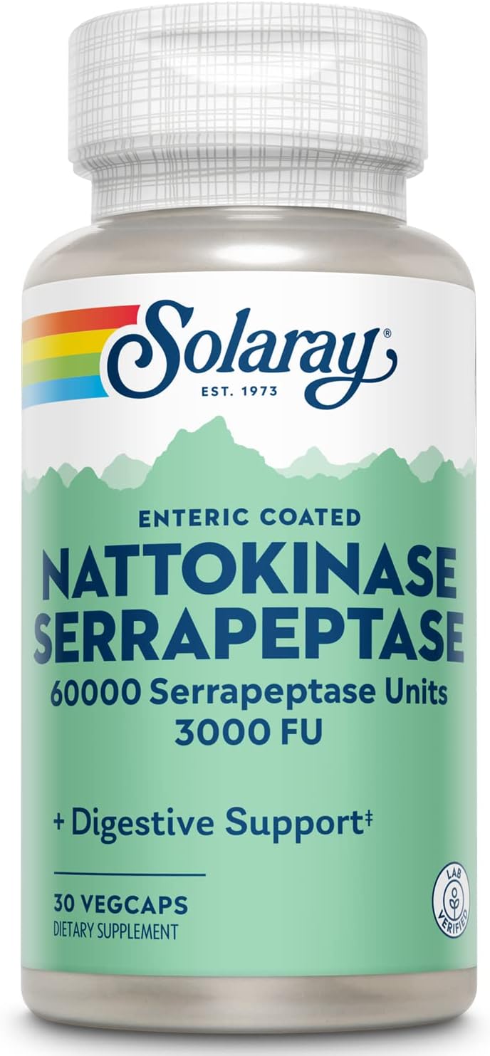 SOLARAY Nattokinase Serrapeptase Supplement - Enteric Coated - 3000 FU Nattokinase - Cardiovascular and Sinus Support - 30 VegCaps
