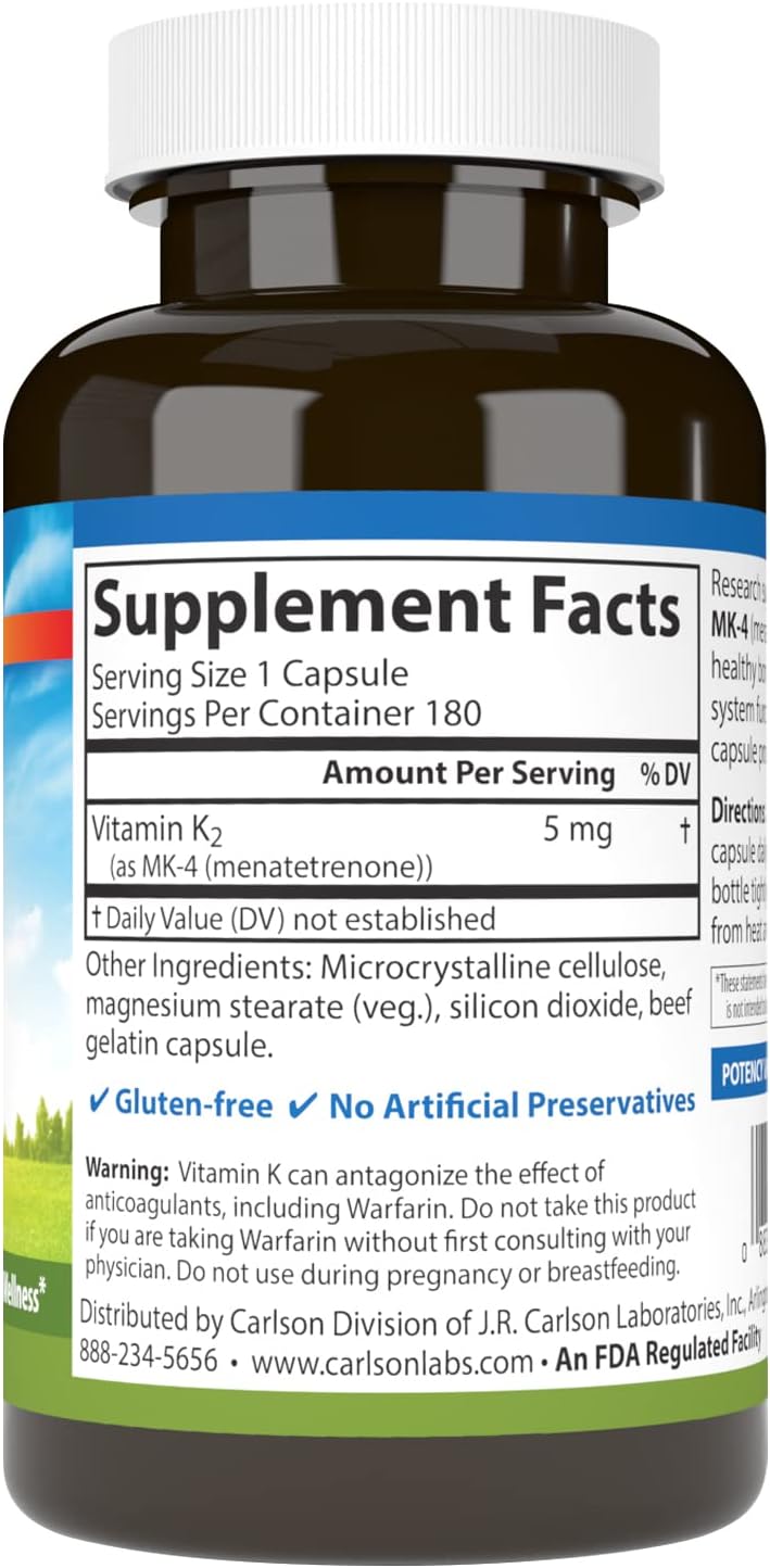 Carlson - Vitamin K2, MK-4 (Menatetrenone) - Bone & Heart Health Supplement - Soy-Free - 180 Capsules