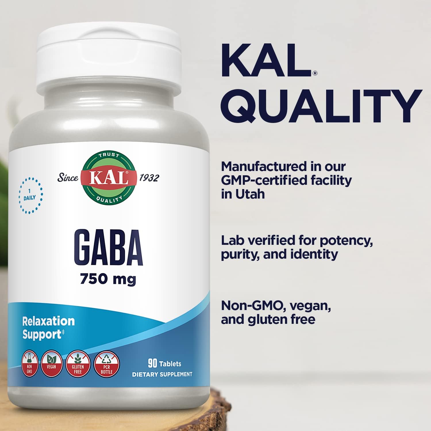 KAL GABA Supplement for Relaxation and Stress Relief - 90 Tablets