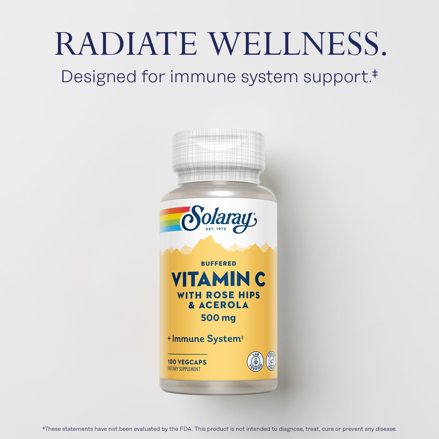 SOLARAY Buffered Vitamin C 500 mg plus Rose Hips and Acerola - Immune Support Supplement - 100 VegCaps