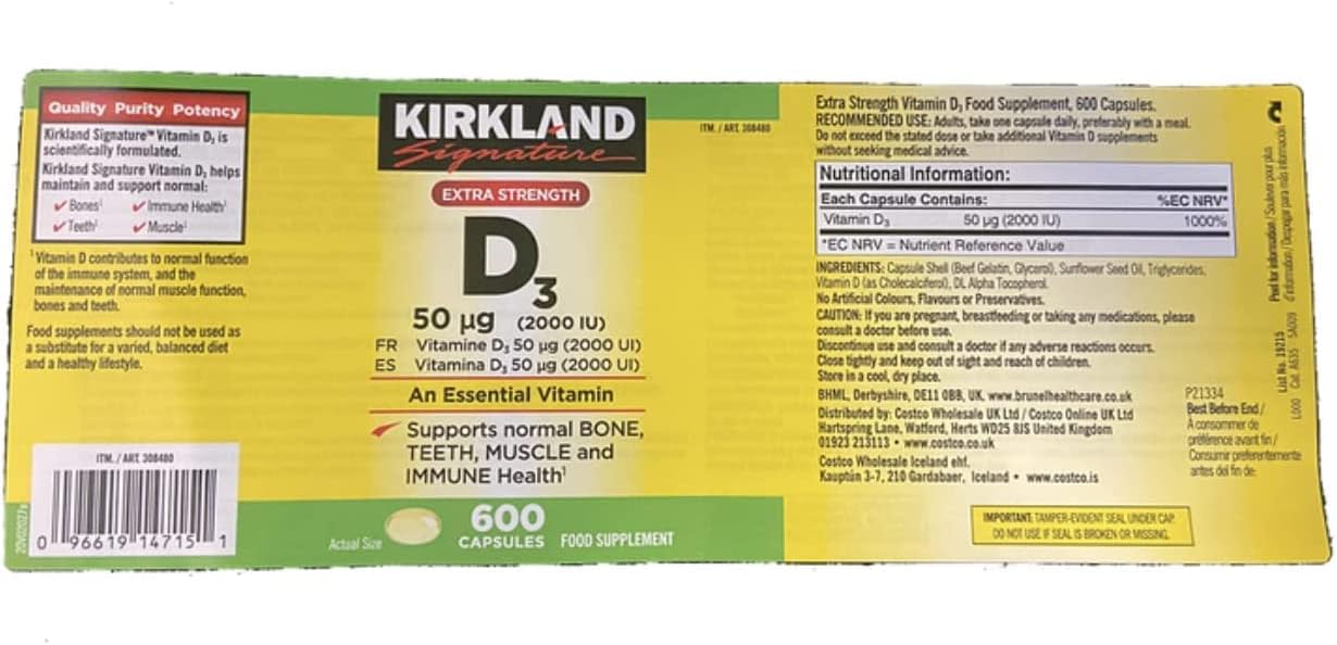 Kirkland Maximum Strength Vitamin D3 600 Softgels, Pack of 2