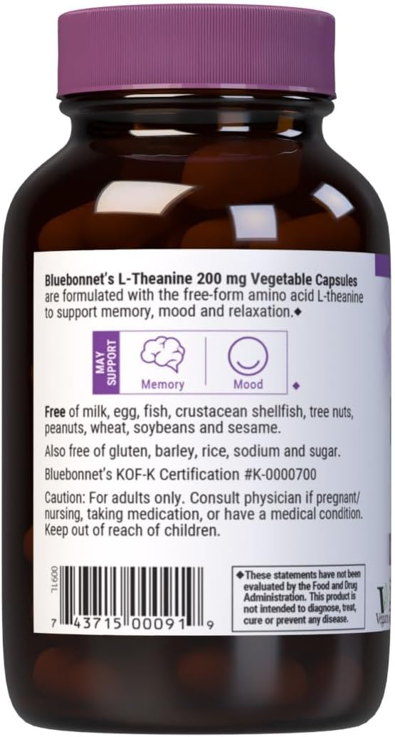 Bluebonnet Nutrition L-Theanine 200 mg, Free-Form Amino Acid, Supports Relaxation, Vegan, 60 Vegetable Capsules