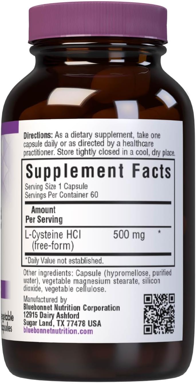 Bluebonnet Nutrition L-Cysteine 500 mg, Free-Form Amino Acid – 60 Vegetable Capsules