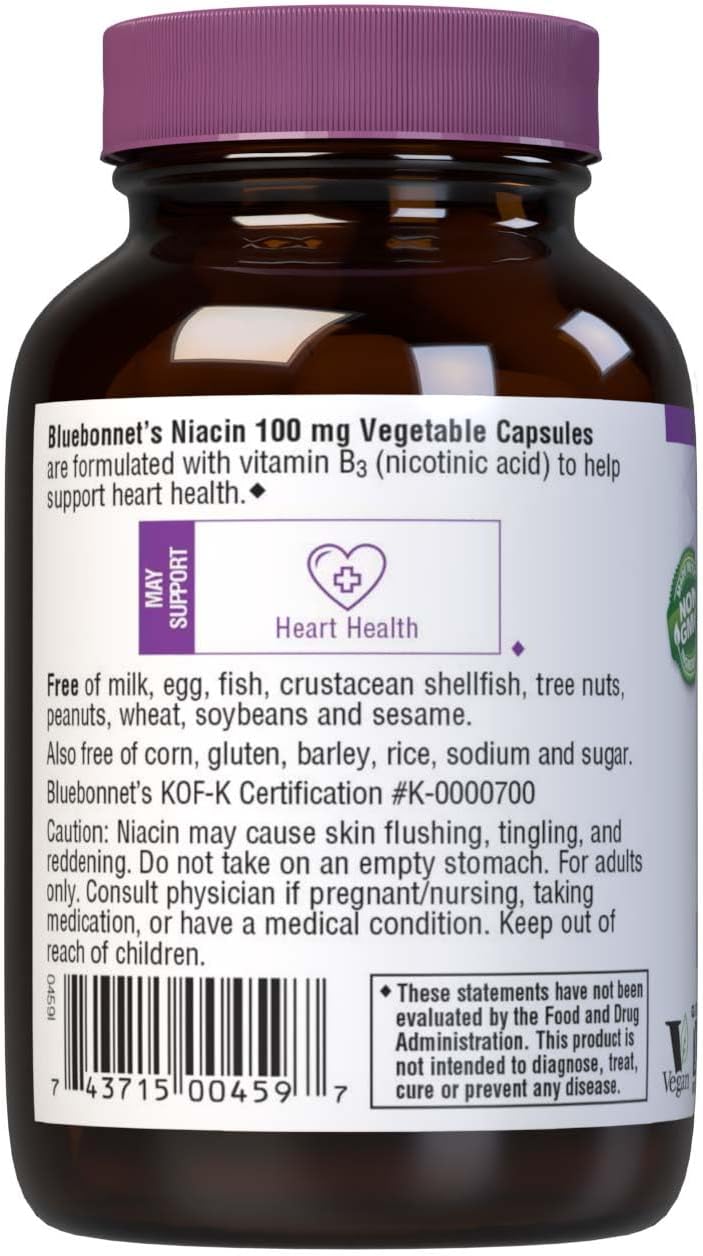 Bluebonnet Niacin 100 mg Vitamin B3 Nicotinic Acid – Heart Health Support – Non-GMO, Vegan, Kosher, Gluten-Free Flush Niacin Supplement – 90 Vegetable Capsules - görsel 3