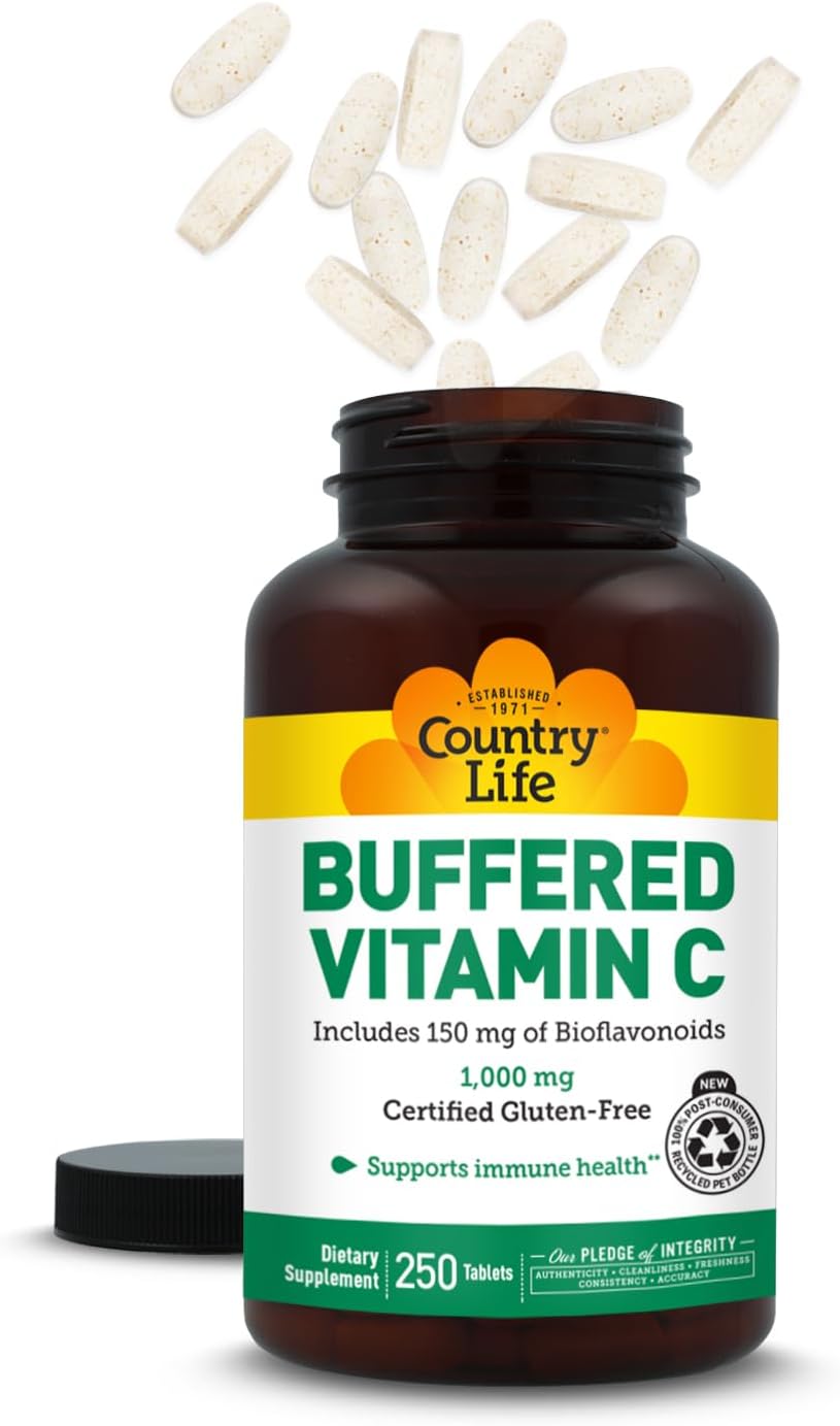 Country Life Buffered Vitamin C 1000 mg with Bioflavonoids, Calcium, Magnesium, Potassium - Immune Support, Vegan, Gluten-Free - 250 Tablets
