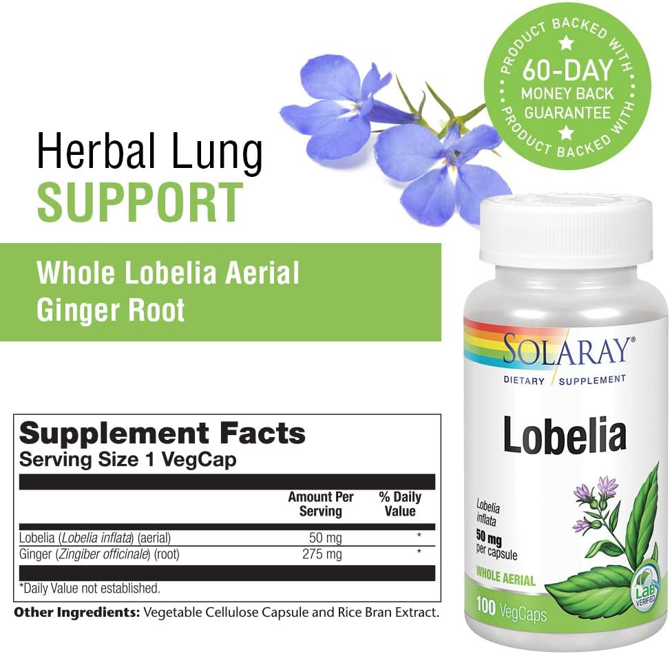 SOLARAY Lobelia Aerial 50mg – Respiratory & Bronchial Support with Ginger Root | Non-GMO & Vegan | 100 VegCaps