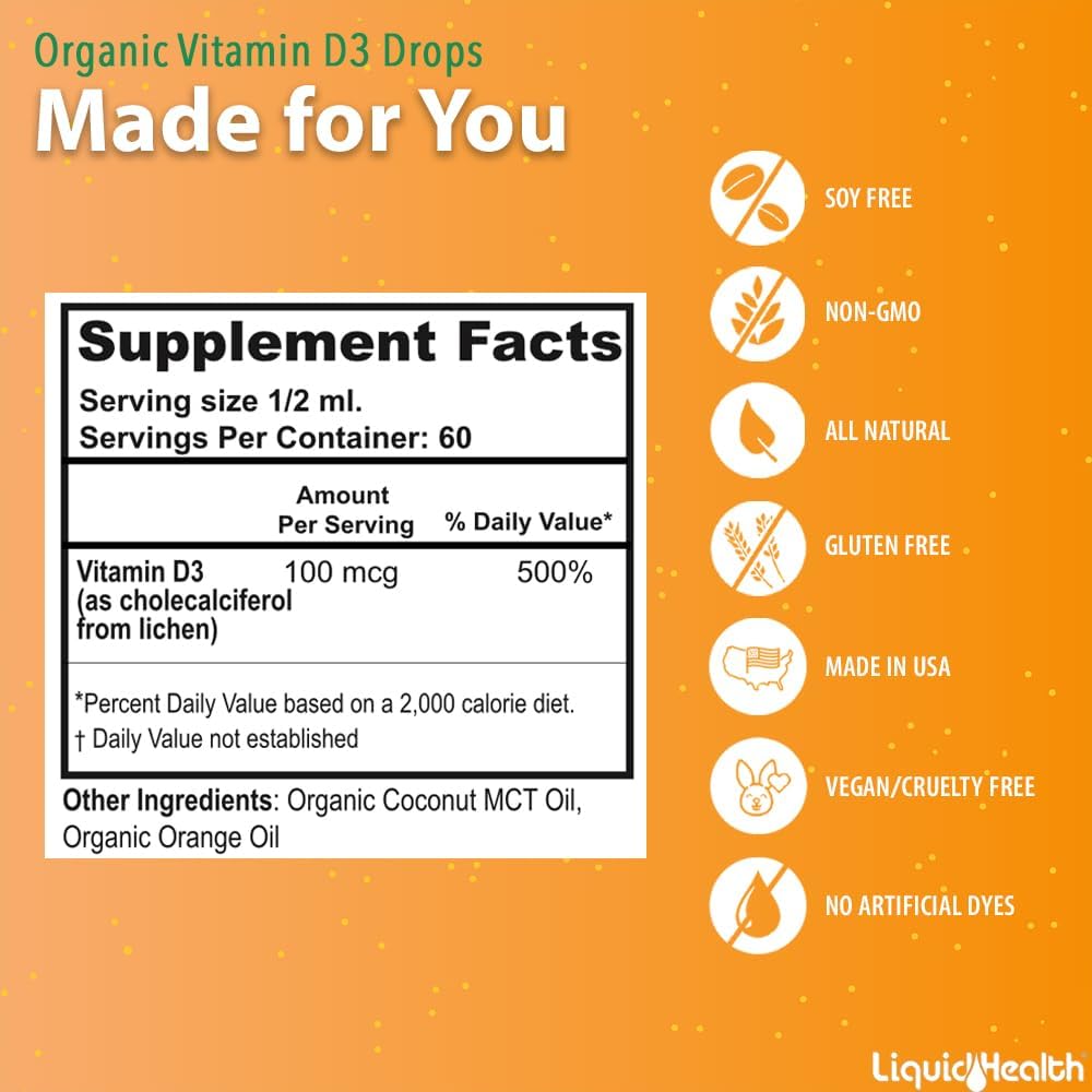 LIQUIDHEALTH Vitamin D3 4000 IU - USDA Organic Vegan Liquid Drops for Immune System Support, Bone Health & Mood Support (1 oz)