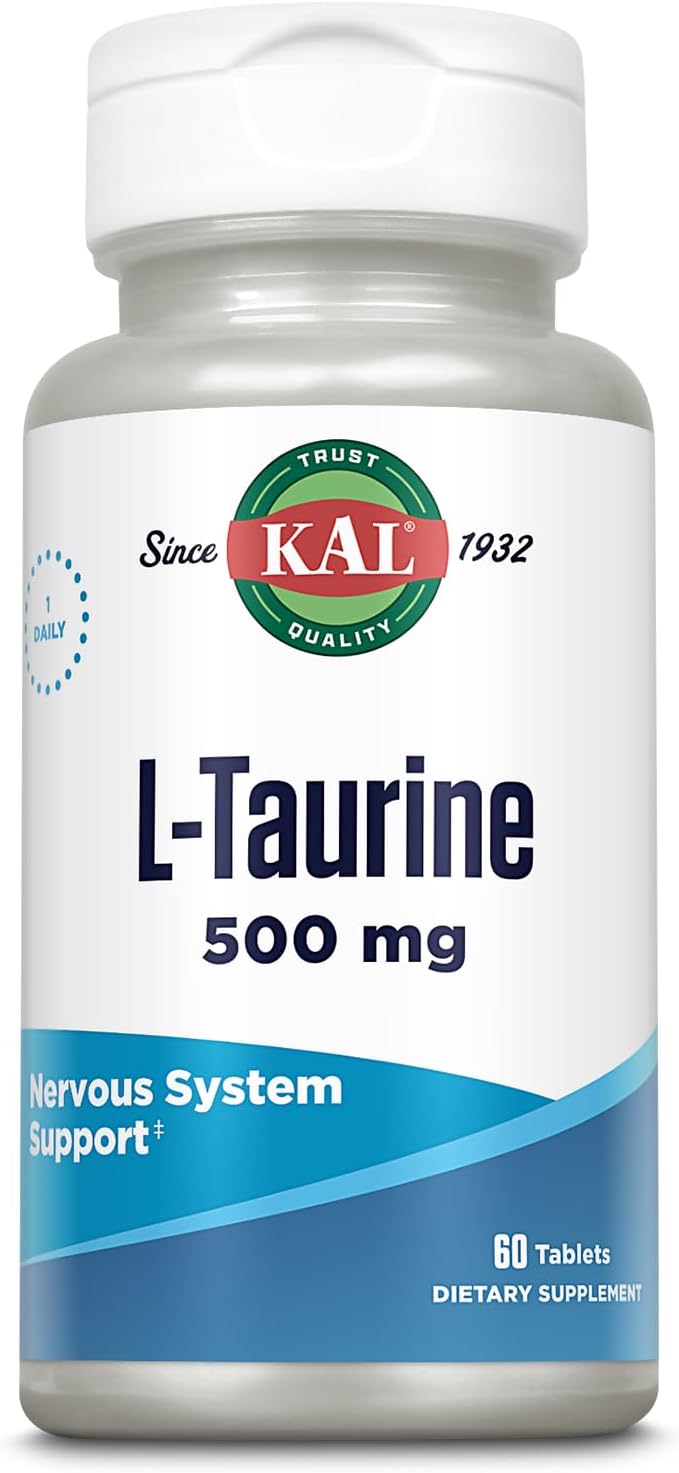 KAL L-Taurine 500mg - Amino Acid Support for Heart, Nerves, & Eyes - 60 Quick-Dissolve Tablets