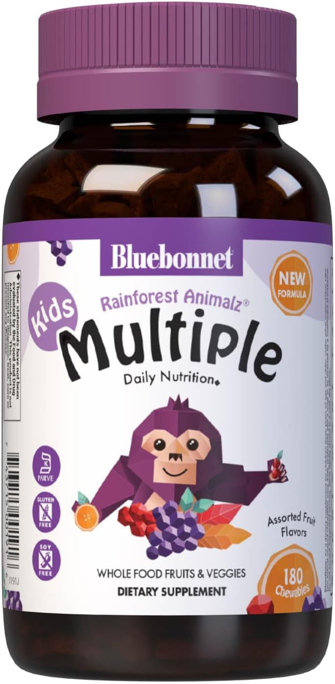Bluebonnet Nutrition Rainforest Animalz Whole Food Based Children's Multivitamin Chewable Tablet, with Vitamin C, D3, Iron, Gluten-Free, Dairy-Free, Kosher, 180 Chewable Tablets, Mixed Flavour