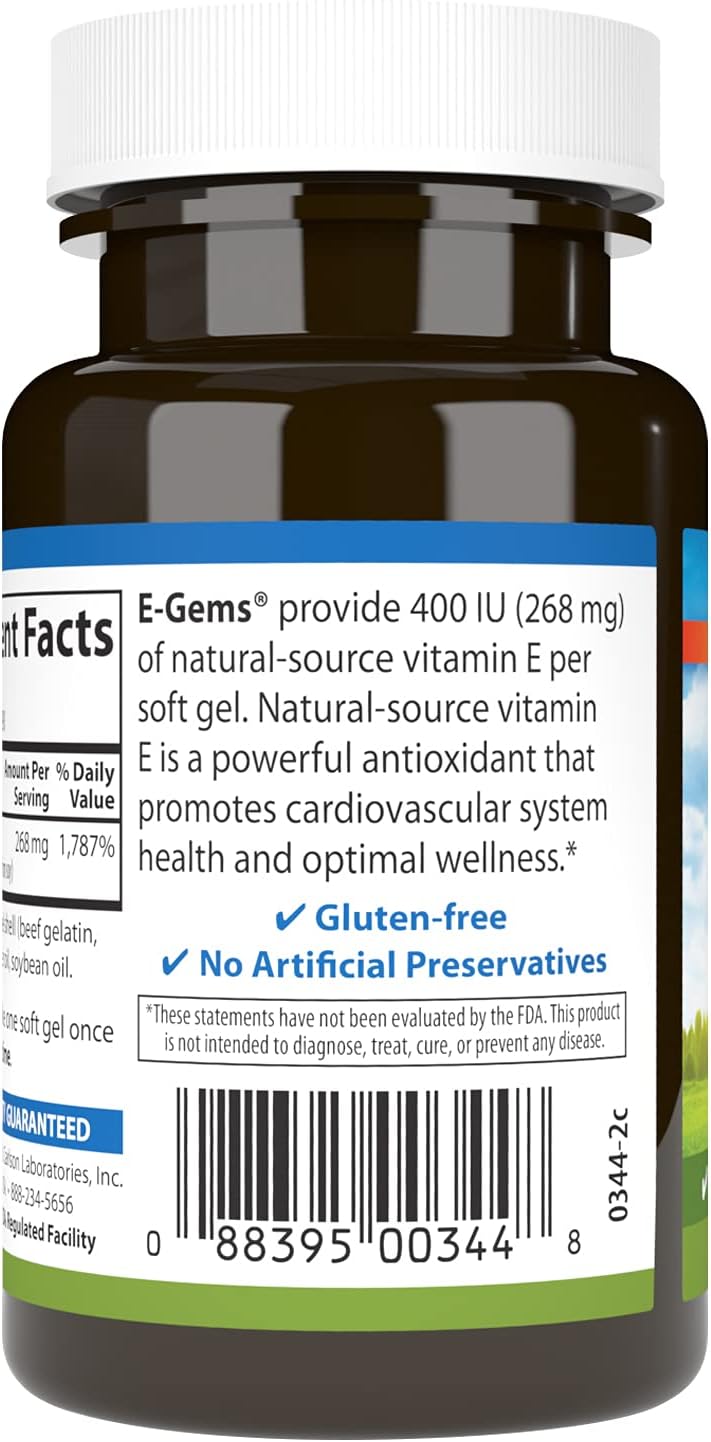 Carlson E-Gems - 400 IU (268 mg) Vitamin E Softgels - Natural d-Alpha-Tocopherol for Heart Health & Antioxidant Support