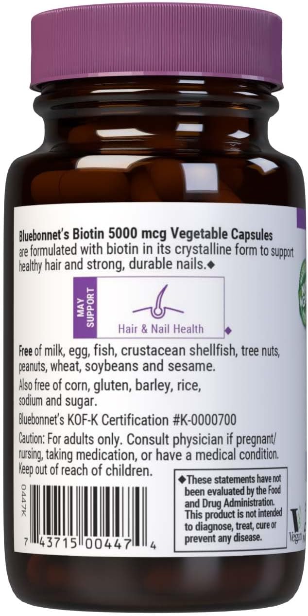 Bluebonnet Nutrition Biotin 5000 mcg for Hair & Nail Support, Non-GMO, Vegan, 60 Vegetable Capsules - görsel 3