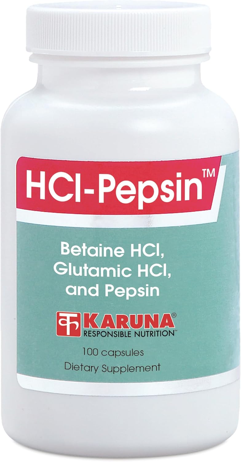 Karuna HCl-Pepsin (100 Vegetarian Capsules) | Betaine HCl 550mg, Pepsin (1:3000) 175mg, Glutamic Acid HCl 100mg