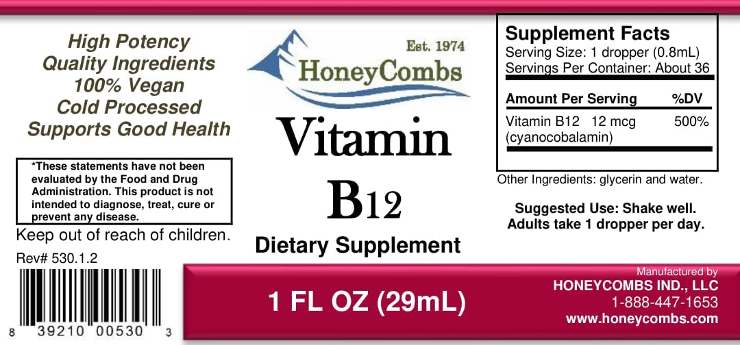 HoneyCombs Liquid Vitamin B12 Drops - Sublingual Cyanocobalamin Natural Health Product