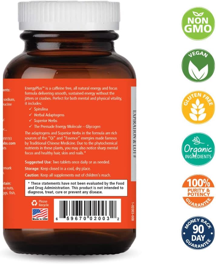Energy Plus by Pure Essence - Caffeine-Free Herbal Energy and Focus Supplement, 60 Tablets