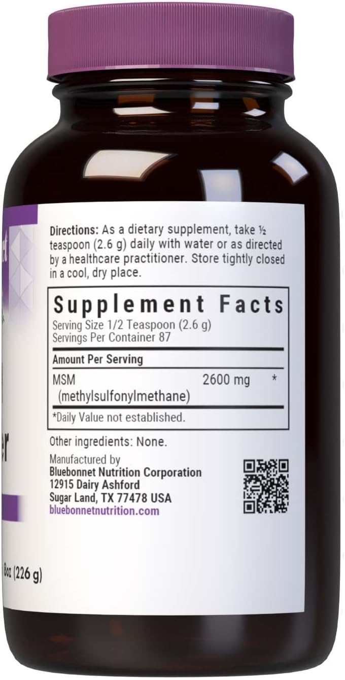 BlueBonnet Nutrition MSM Powder 2600 mg - OptiMSM Methylsulfonylmethane - Non-GMO, Vegan, Gluten-Free - 227 g (8 oz) - 87 Servings