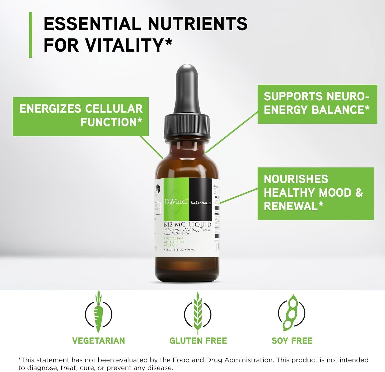 DAVINCI Labs B-12 MC Liquid - 5000 mcg Vitamin B12 with B6 and Folate, 30 ml