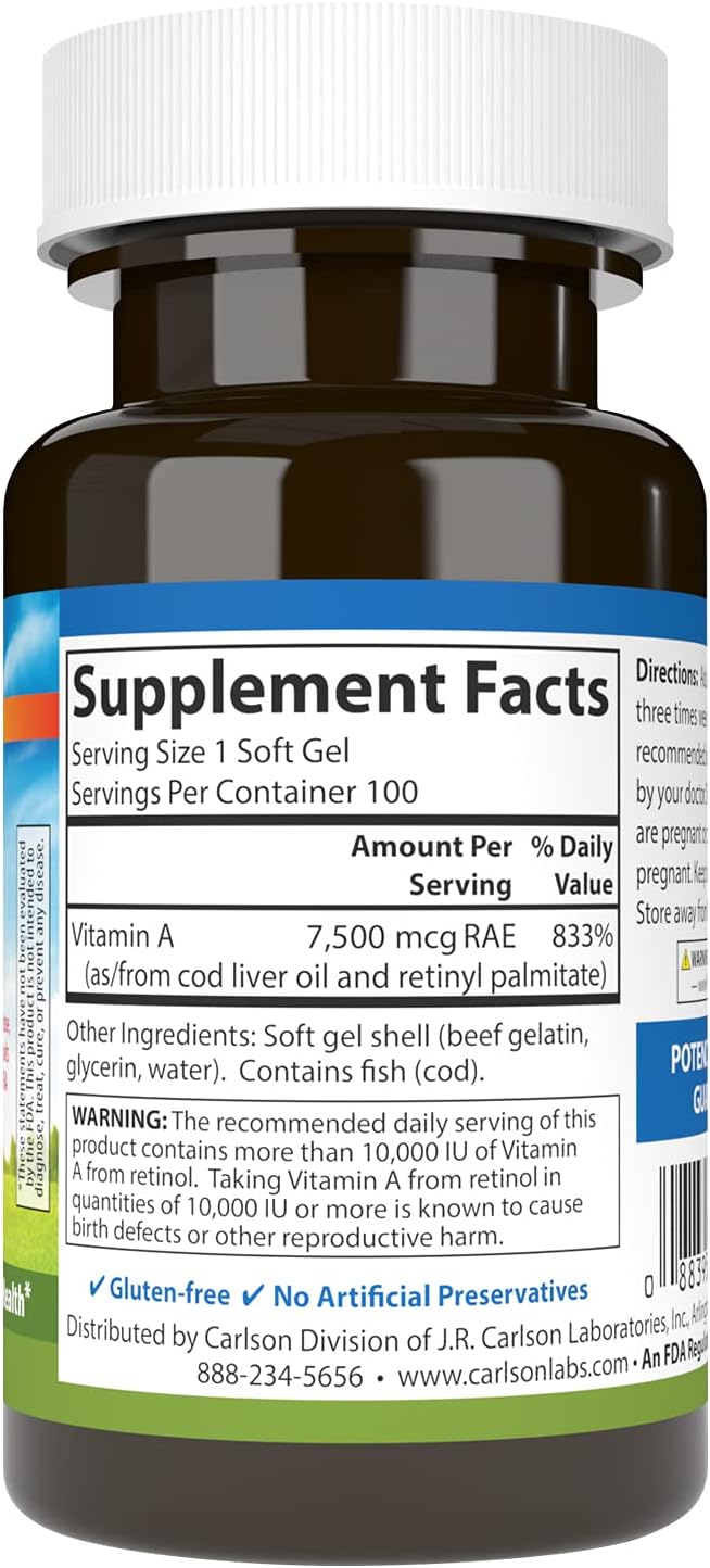 Carlson Vitamin A, 25,000 IU (7,500 mcg RAE), Vision & Skin Health, Immune Support, 100 Soft Gels
