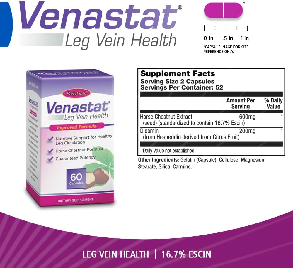 Body Gold Venastat - Leg Vein Support with Horse Chestnut and Diosmin - 60 Veggie Capsules