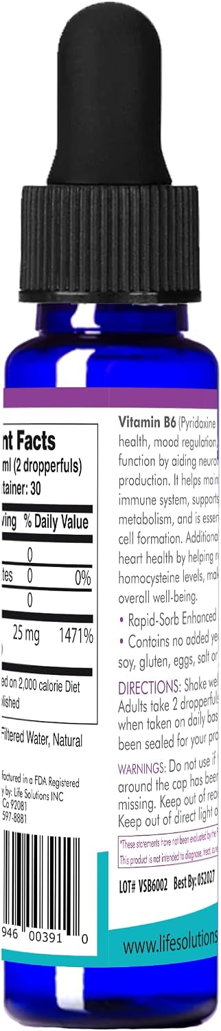 Life Solutions Vitamin B6 Pyridoxine HCl - Liquid B6 Supplement 25 mg, 60 mL