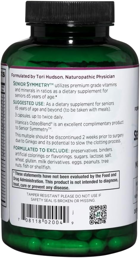 Vitanica, Senior Symmetry, Multivitamin & Minerals for Ages 65+, Vegan, 180 Capsules